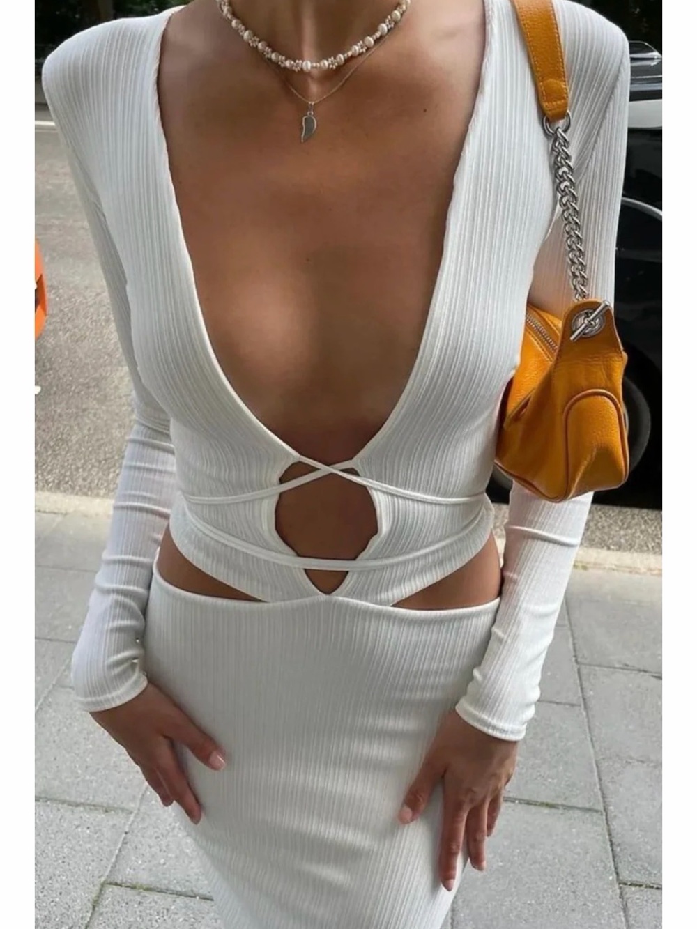 Arcina Ori Ribbed Deep V-Cutout Ivory Long Sleeve Dress